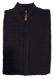 Folded black zip-up sweater on a white surface