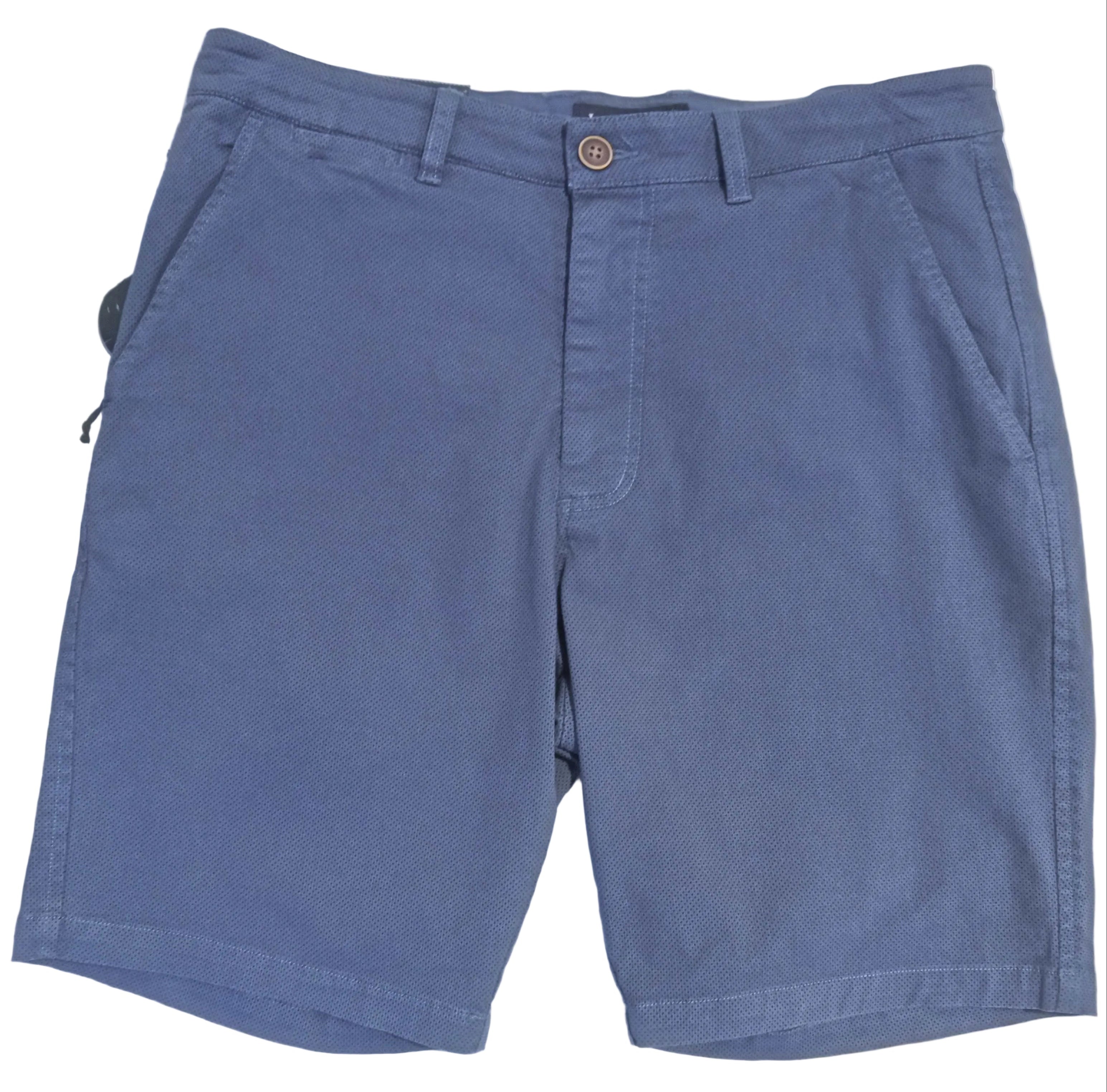 A pair of men's blue chino shorts laid flat on a white surface, featuring a button closure, belt loops, and side pockets.