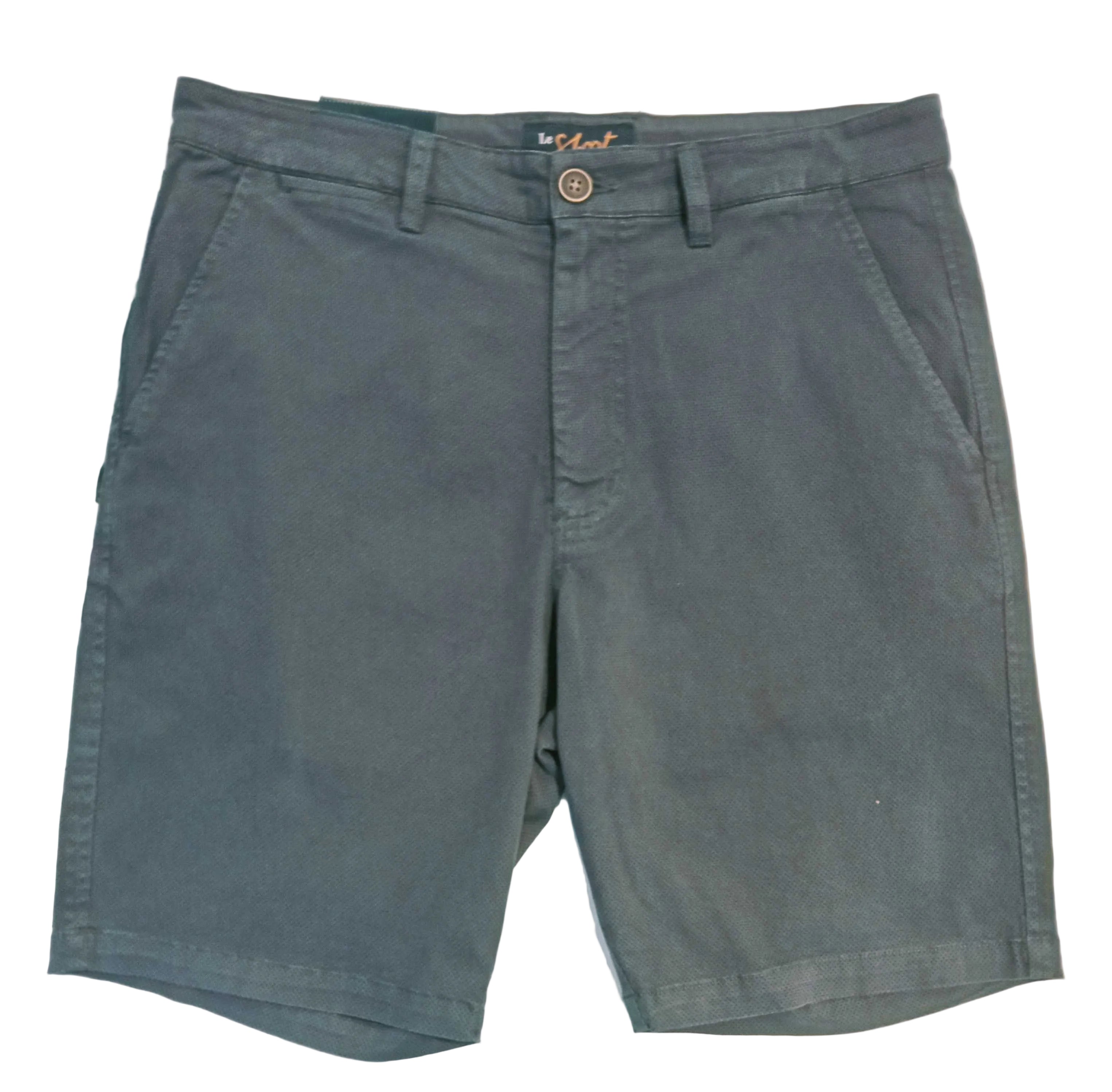 A pair of dark gray chino shorts laid flat on a white surface, featuring belt loops, a button closure, and side pockets.