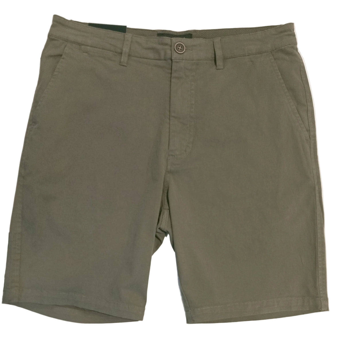 A pair of olive green chino shorts laid flat on a white surface, with a person's legs visible below the frame.