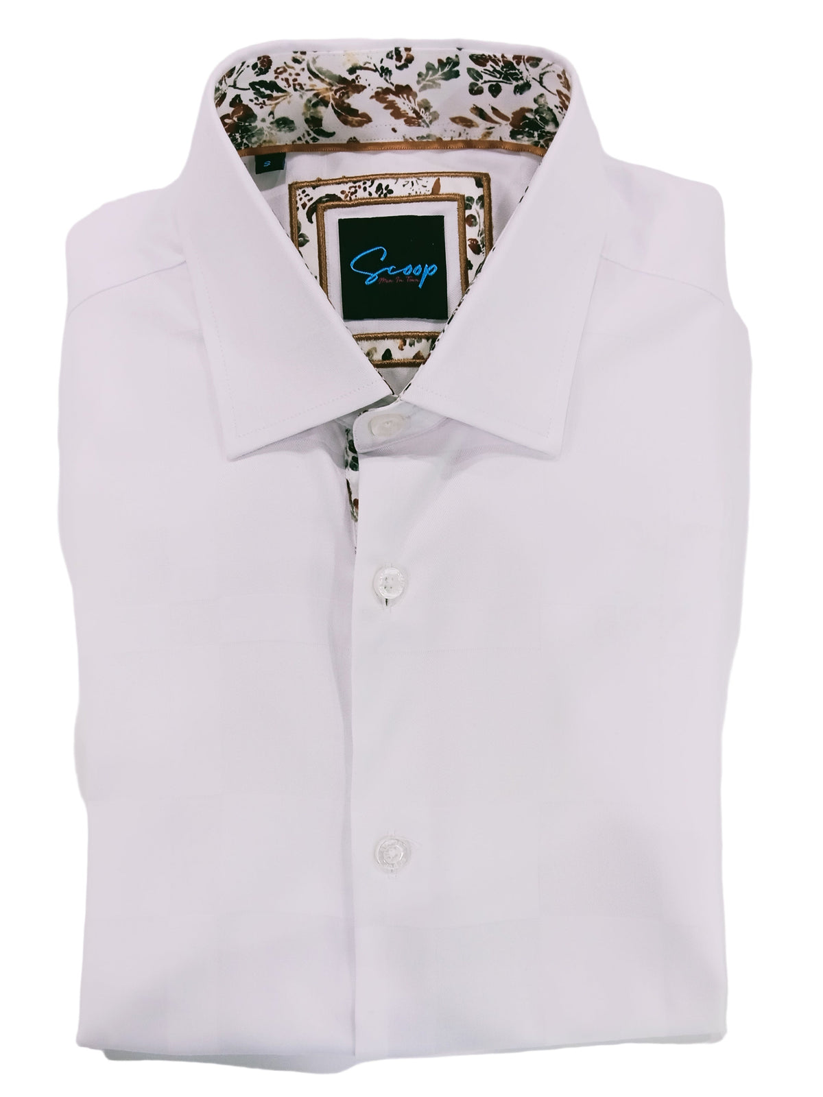 White shirt with a decorative pocket square featuring a floral pattern and a small screen.