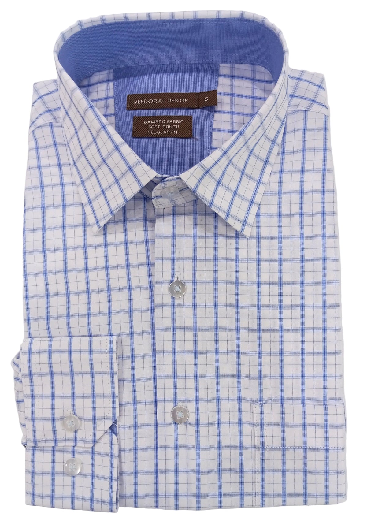 Blue and white checkered dress shirt on a light gray background