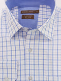 Blue and white checkered shirt with a brand label on a white background