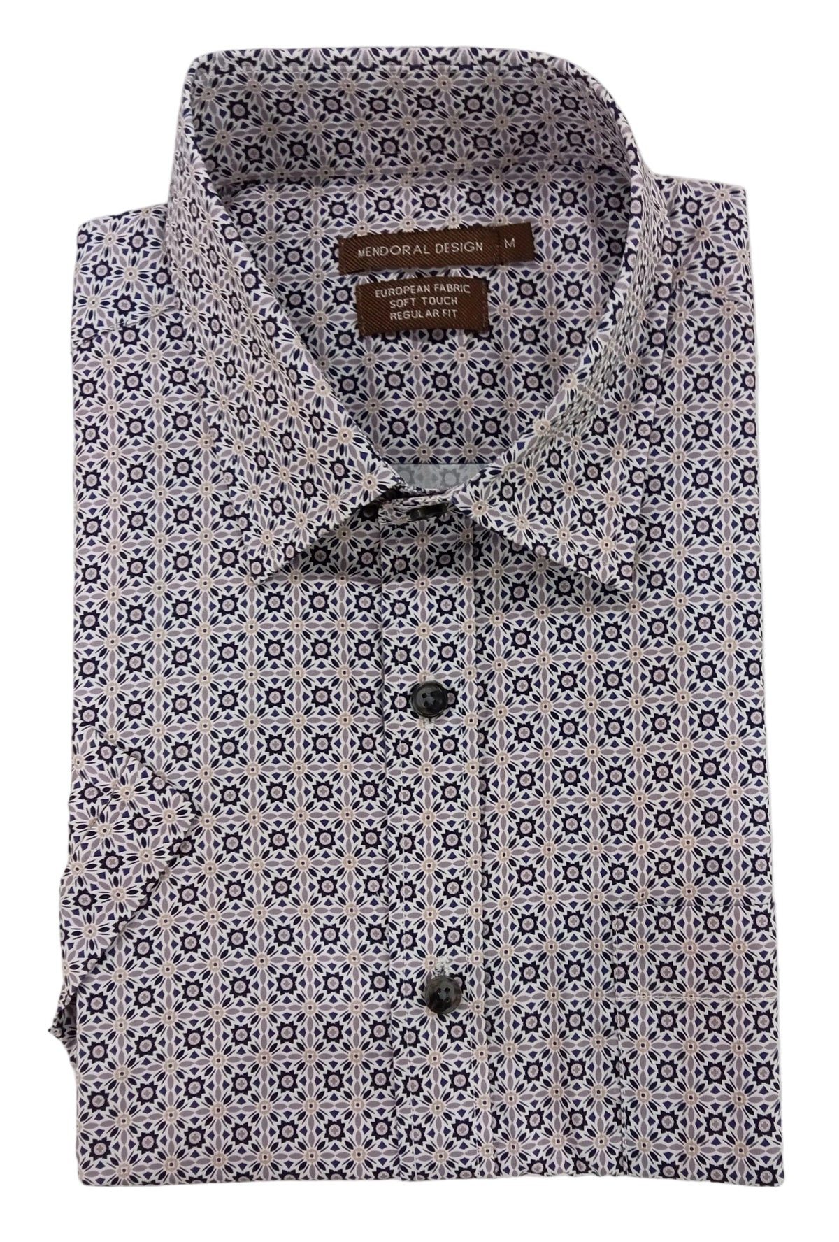 Folded patterned shirt with a brand label on a white background