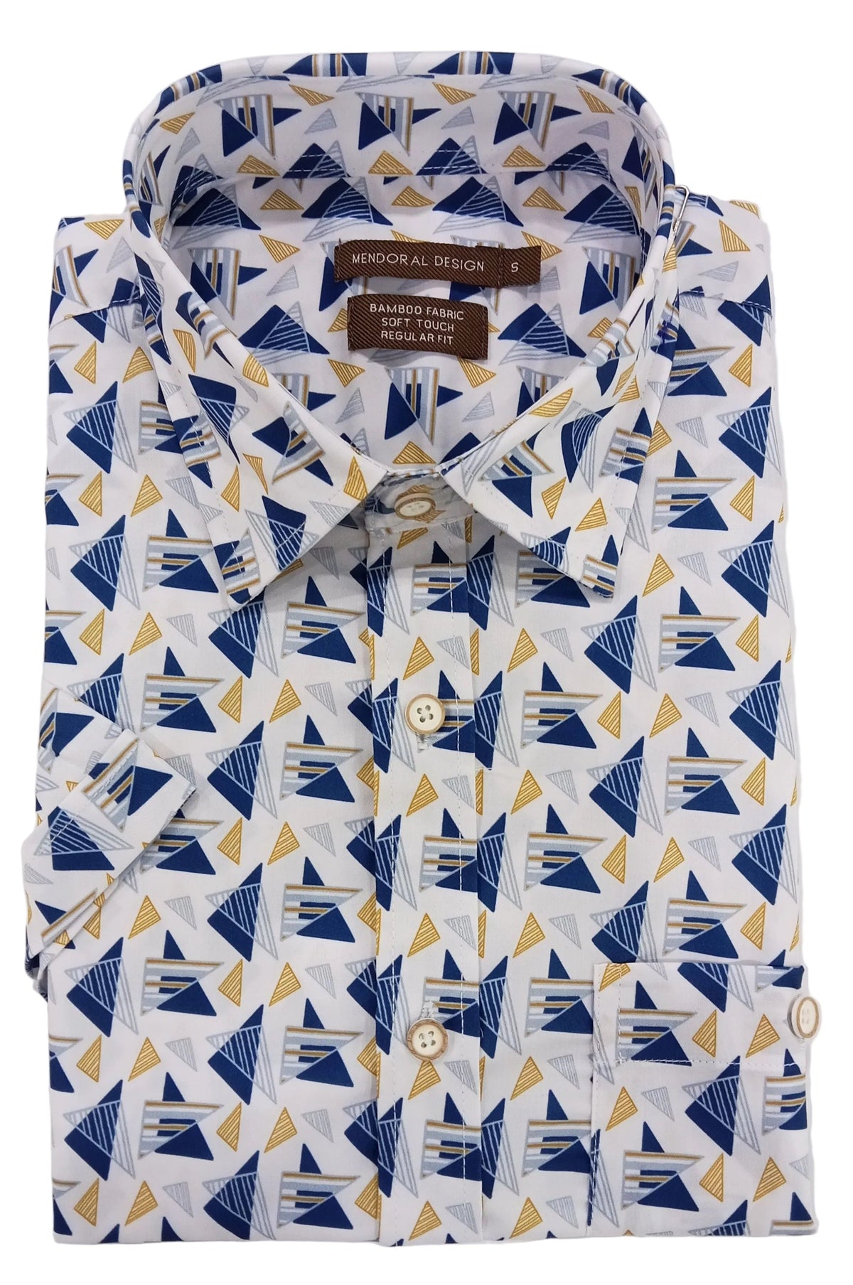 Patterned shirt with geometric design on a white background