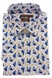 Patterned shirt with geometric design on a white background