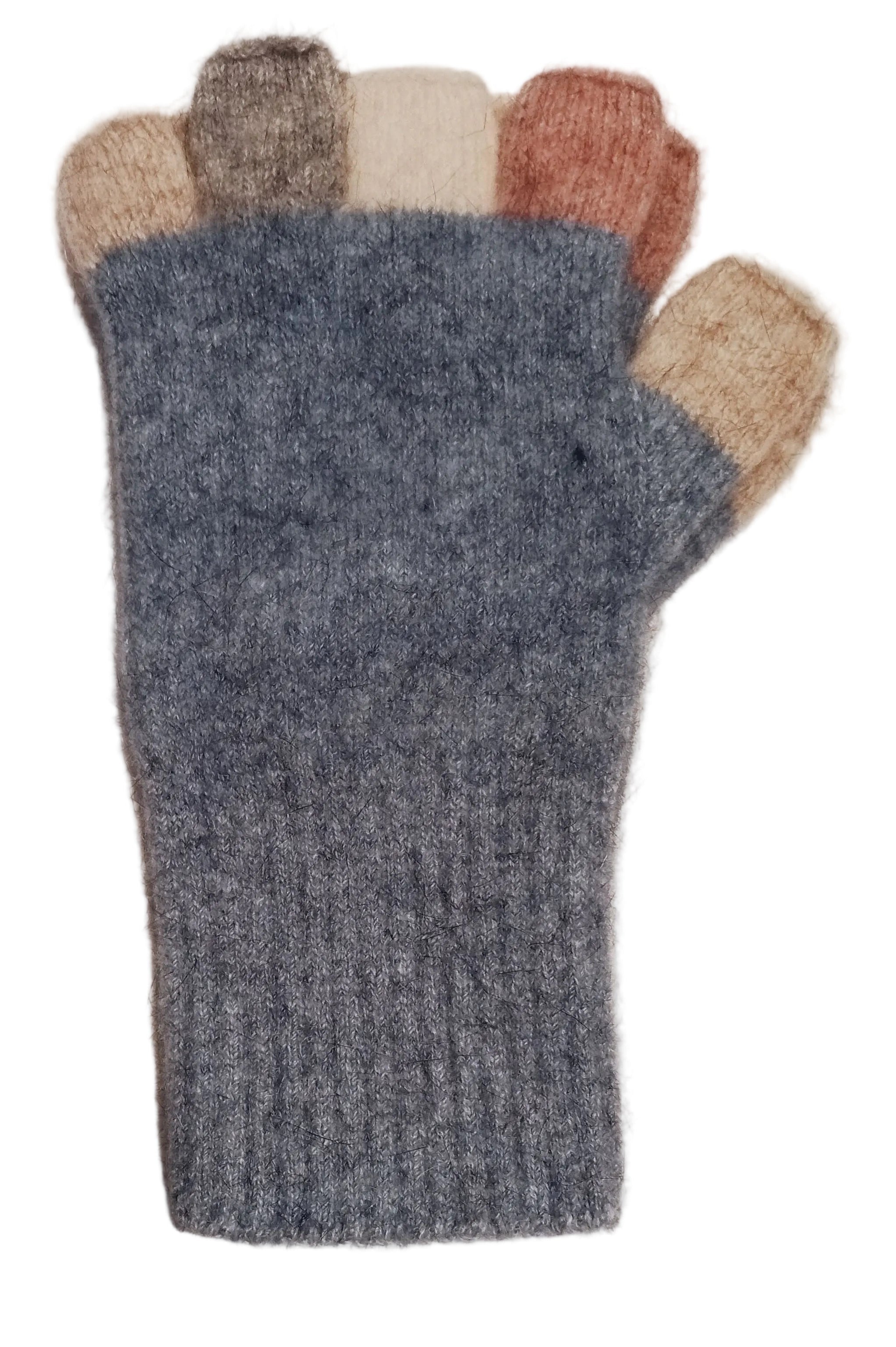 Gray fingerless glove with multicolored tips on a light background
