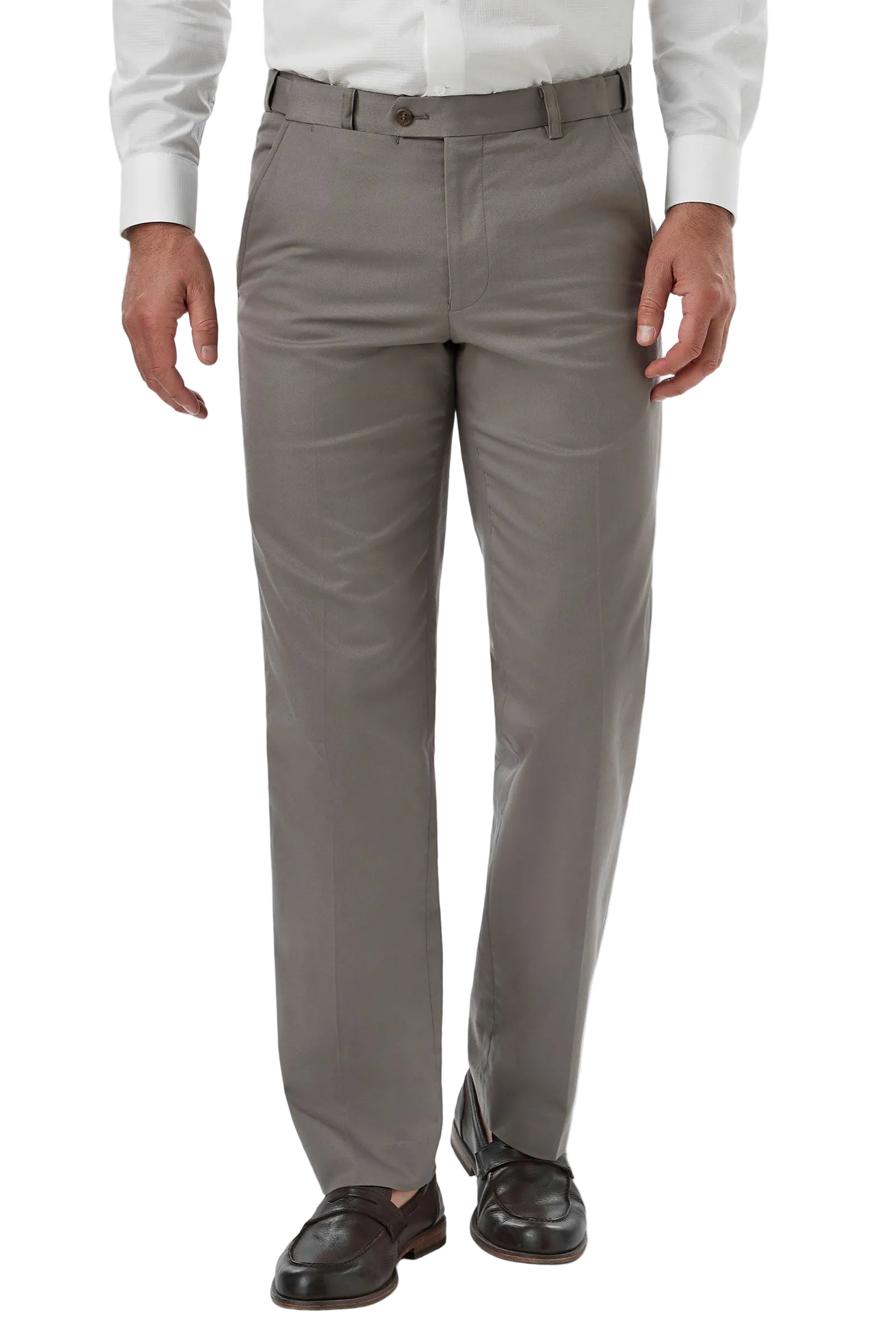 Person wearing gray dress pants with a white shirt on a light gray background