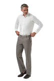 Man wearing a white dress shirt and gray pants on a light gray background