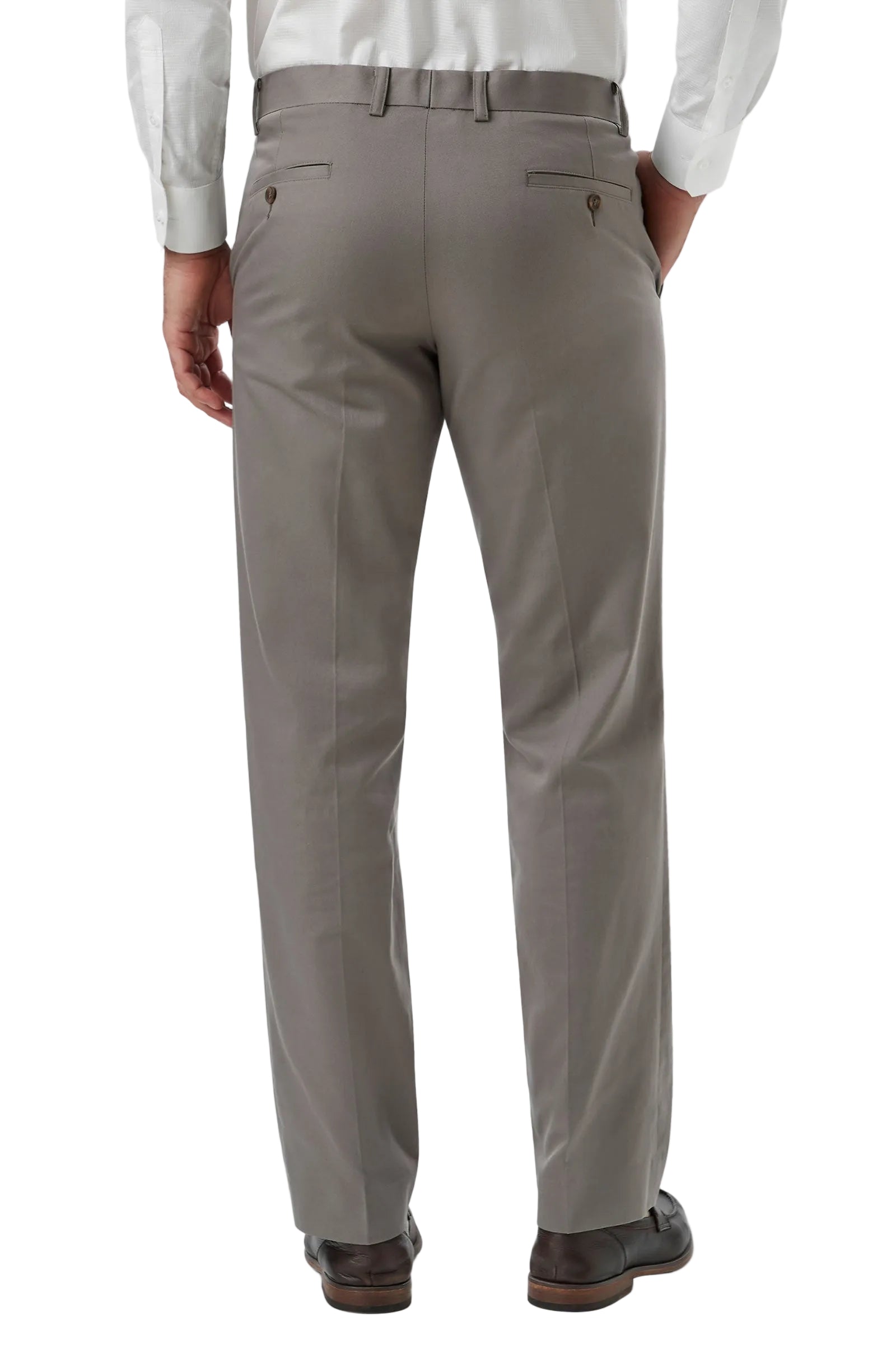 A person shown from the back wearing light gray dress pants, a white shirt, and dark brown shoes against a light gray studio background.