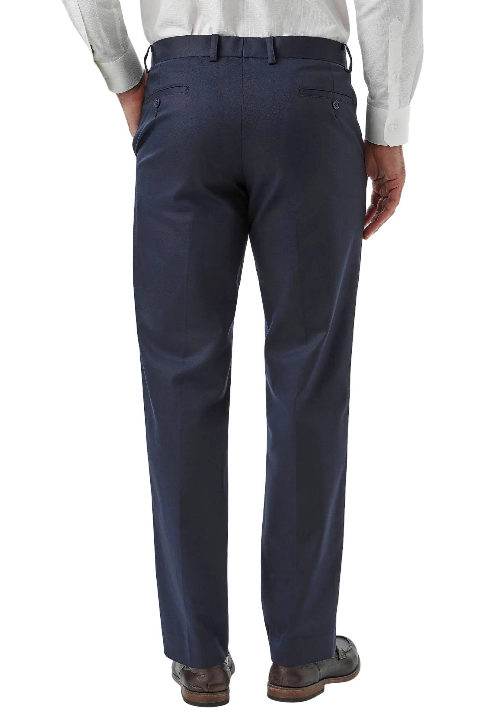 Navy pants worn by a person on a white background