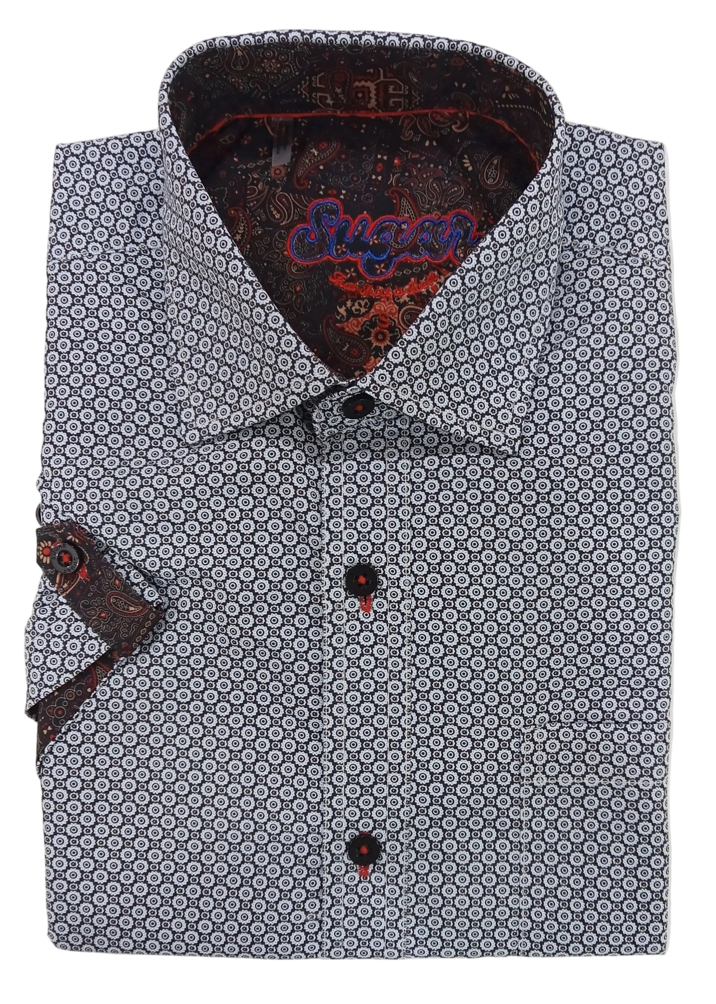 Folded shirt with patterned collar and buttons on a white background