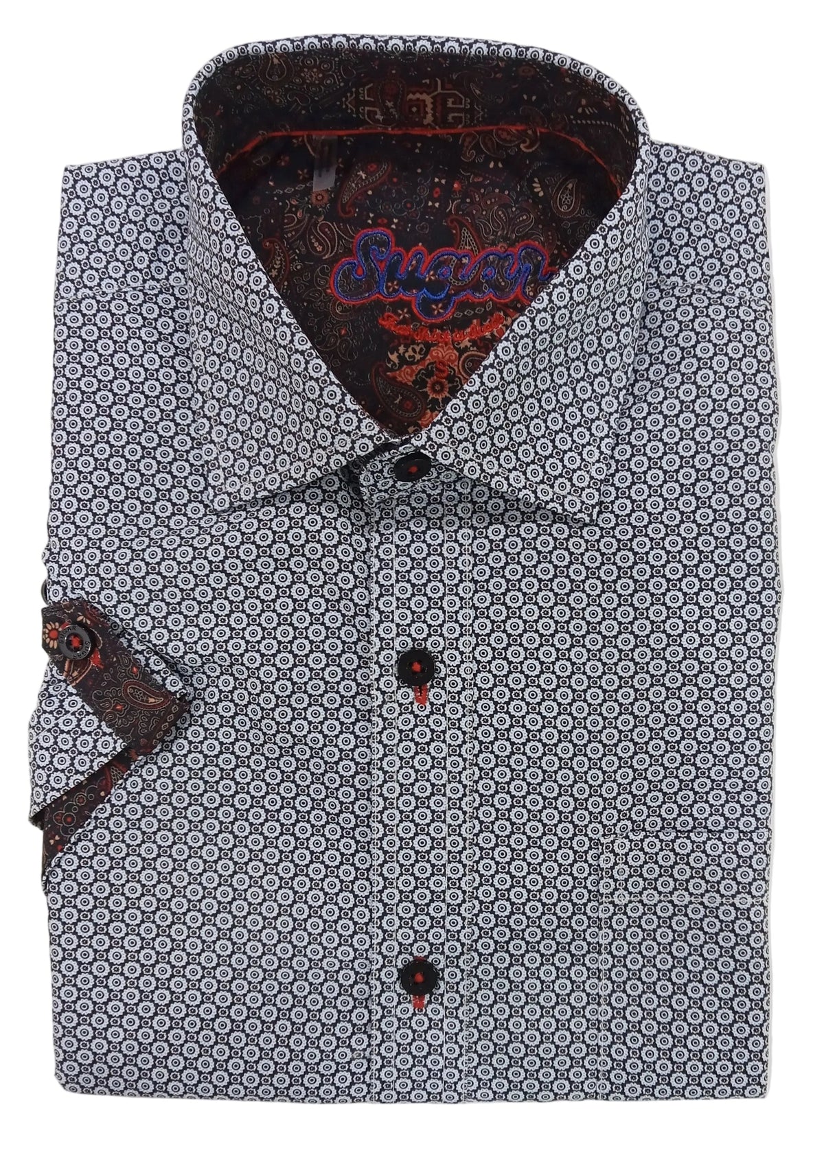 Folded shirt with patterned collar and buttons on a white background