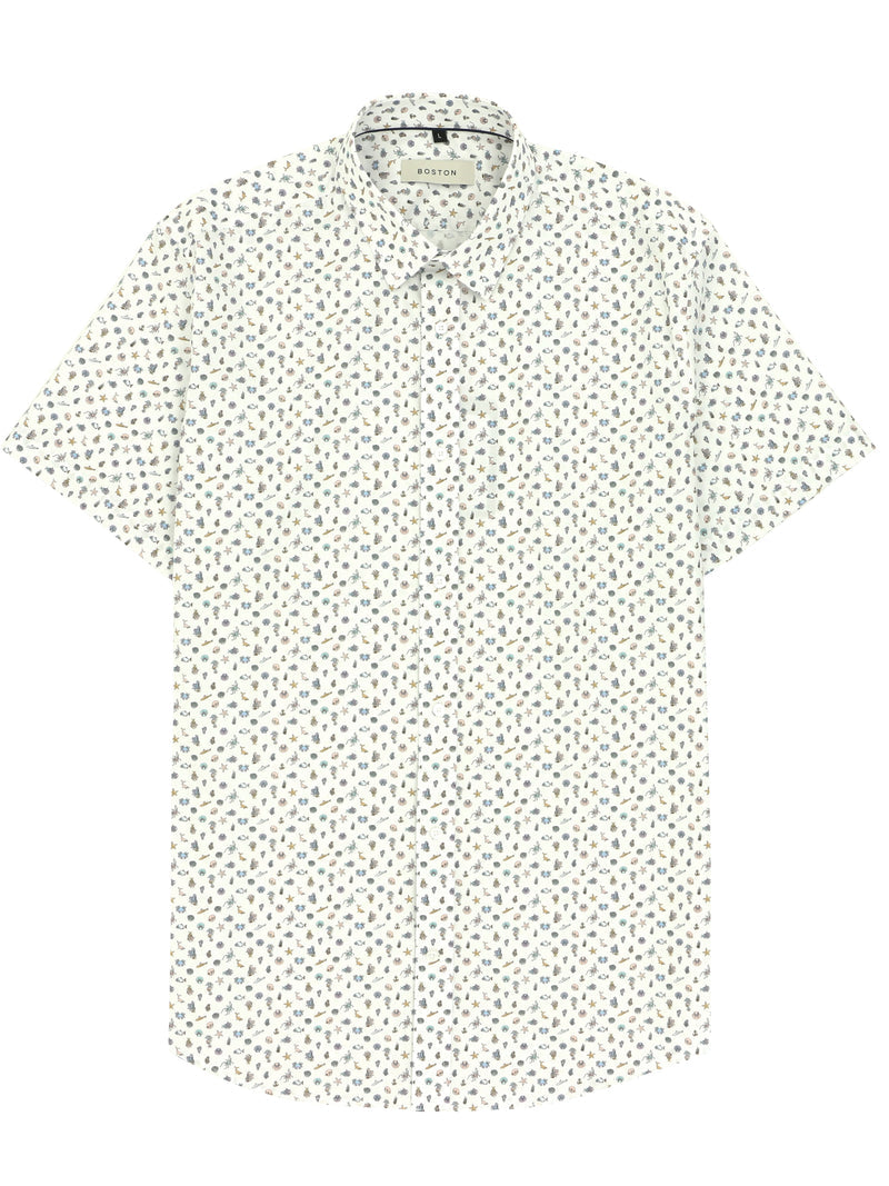 Short-sleeve shirt with a subtle pattern on a white background