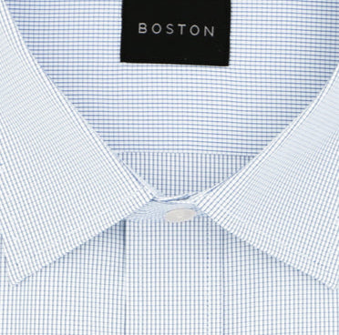 Blue checkered dress shirt with 'Boston' label on a white background