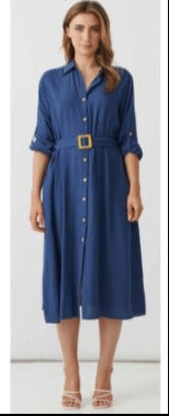 A screenshot of a fashion catalog page showing multiple women modeling long button-front dresses in different colors, including black, mustard yellow, blue, mauve, and light blue. The page header reads '1.