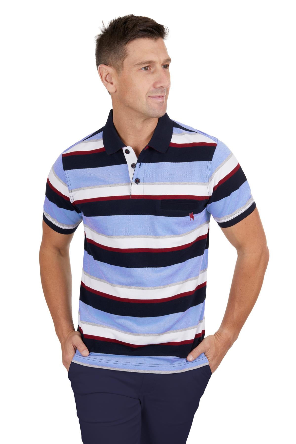 Man wearing a striped polo shirt with a white background