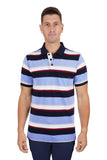 Man wearing a blue striped polo shirt on a white background