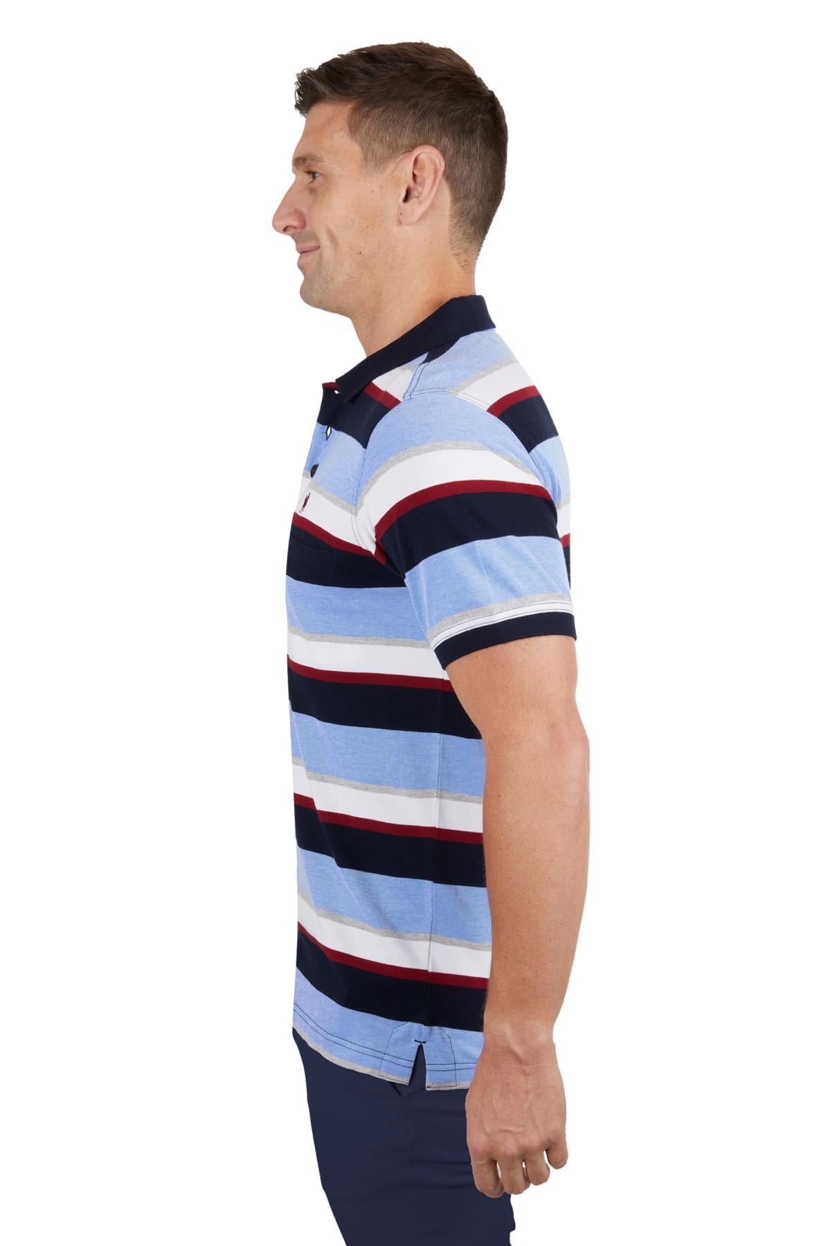 Man wearing a striped polo shirt on a white background