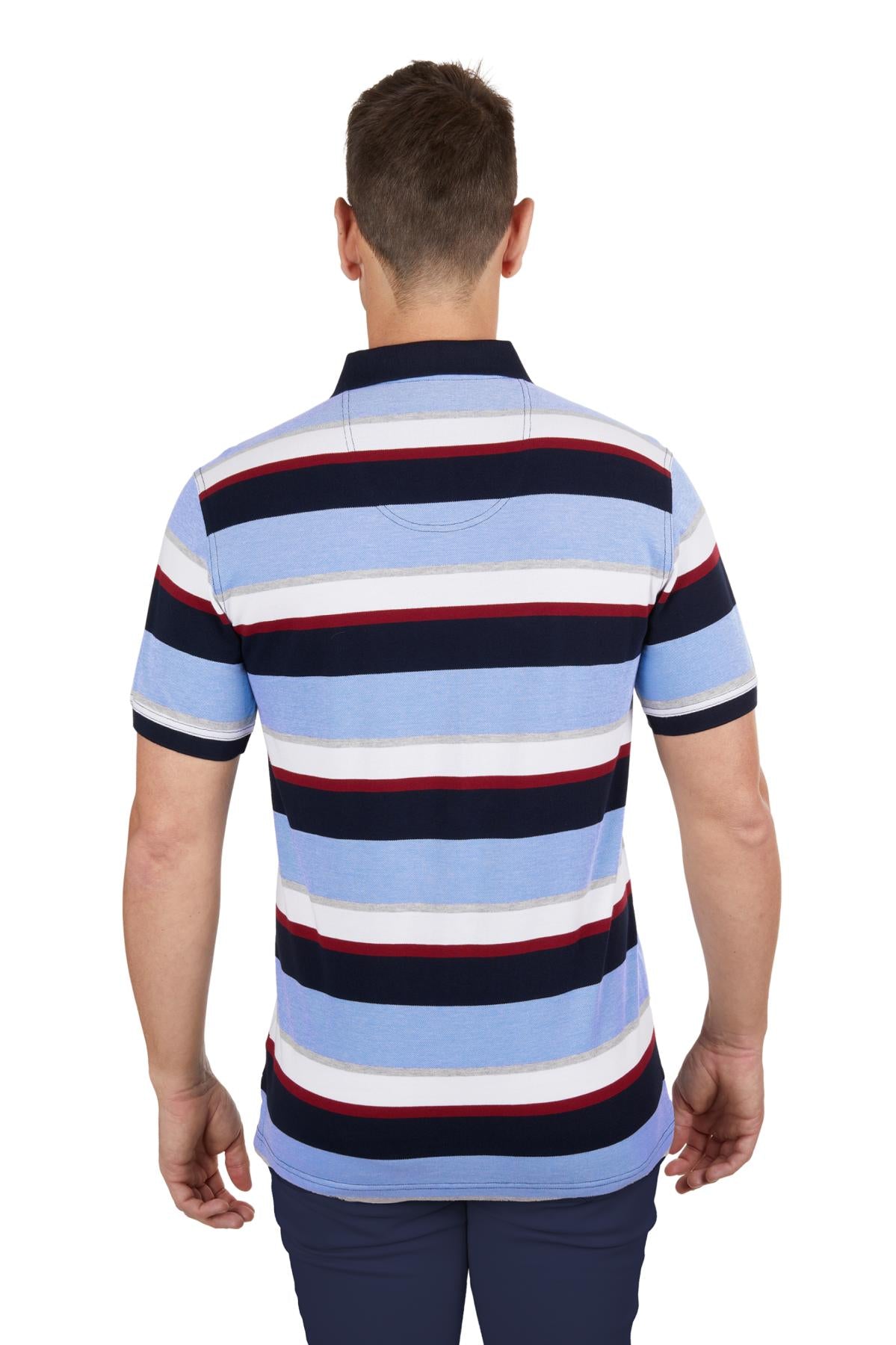 Man wearing a striped polo shirt on a white background