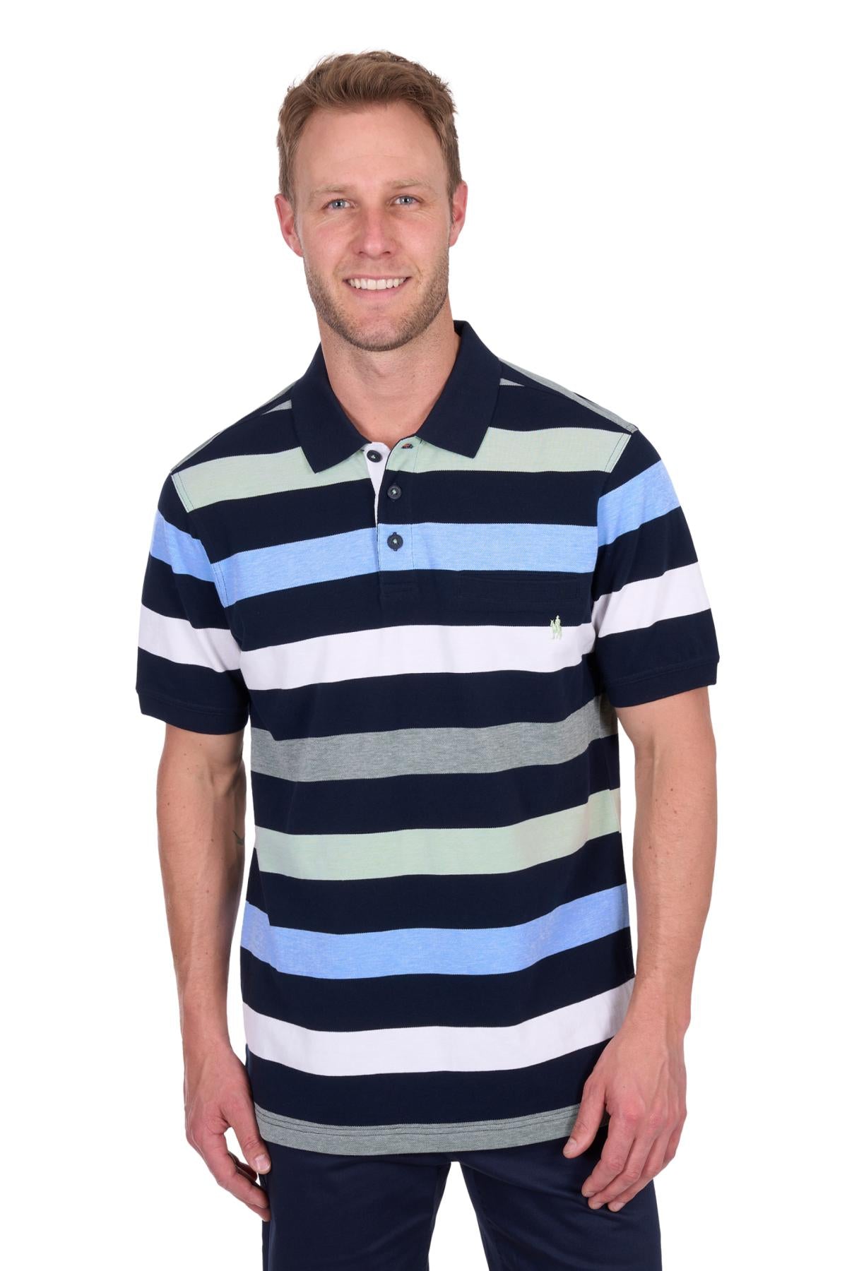 Man wearing a striped polo shirt on a white background