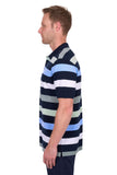 Man wearing a striped polo shirt on a white background