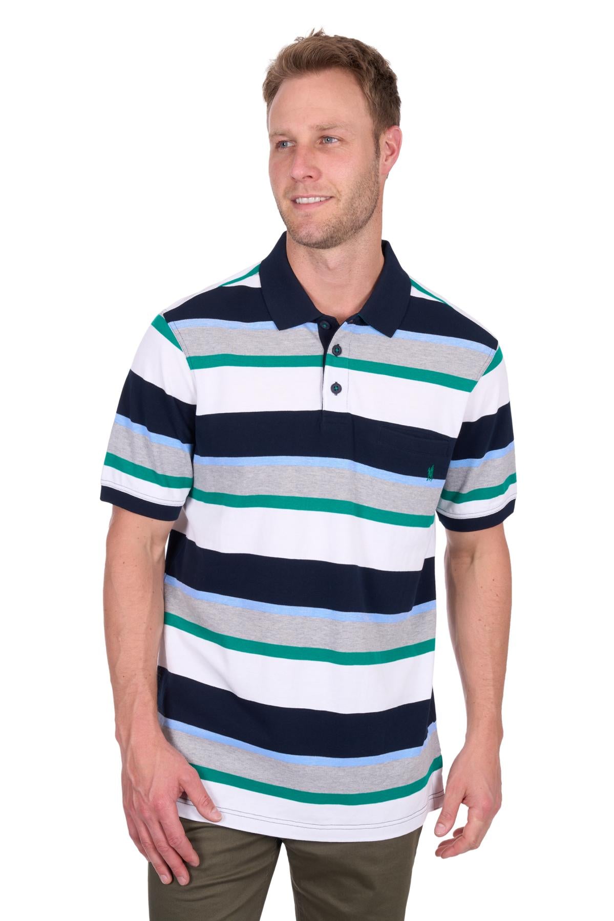 Man wearing a striped polo shirt on a white background