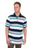 Man wearing a striped polo shirt on a white background