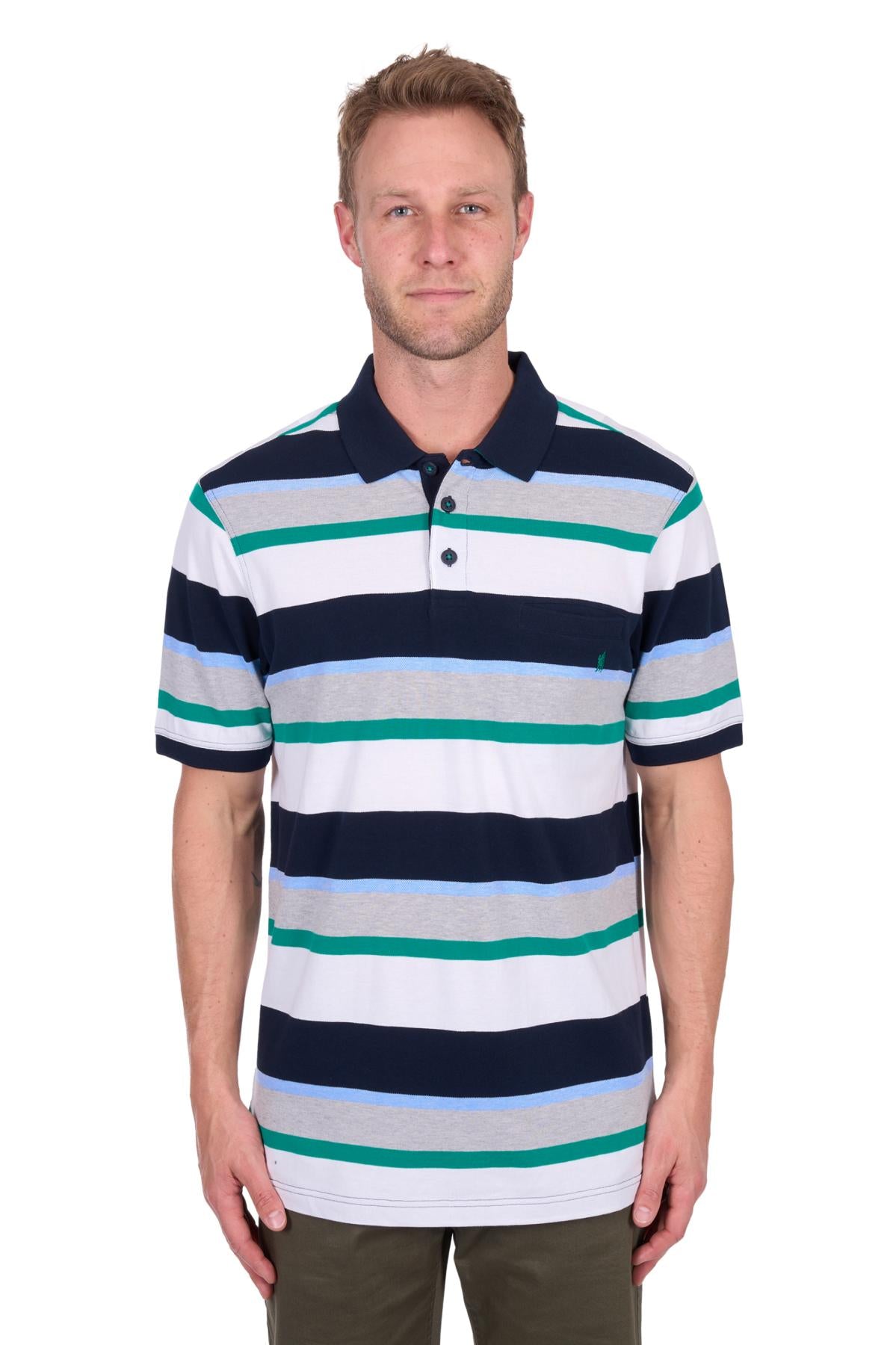Man wearing a striped polo shirt on a white background