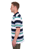 Man wearing a striped polo shirt on a white background