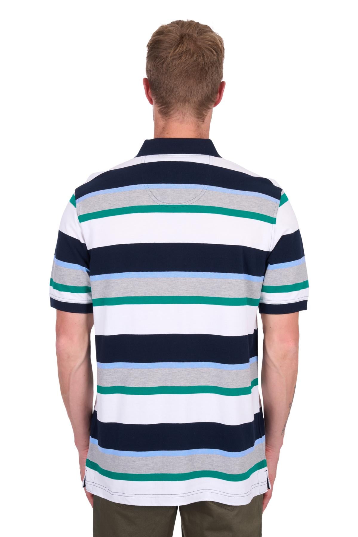 Man wearing a striped polo shirt with a white background