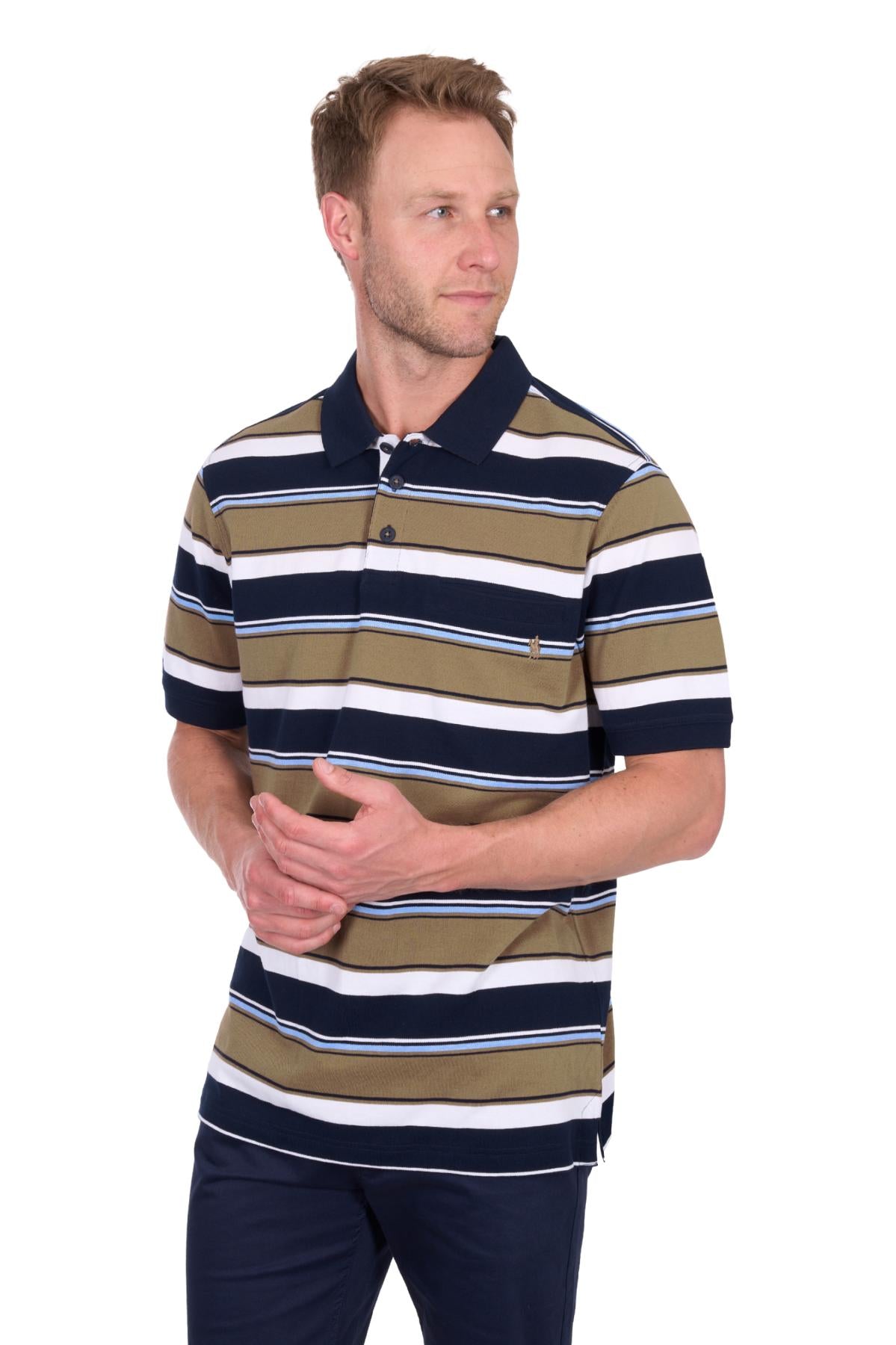 Man wearing a striped polo shirt on a white background