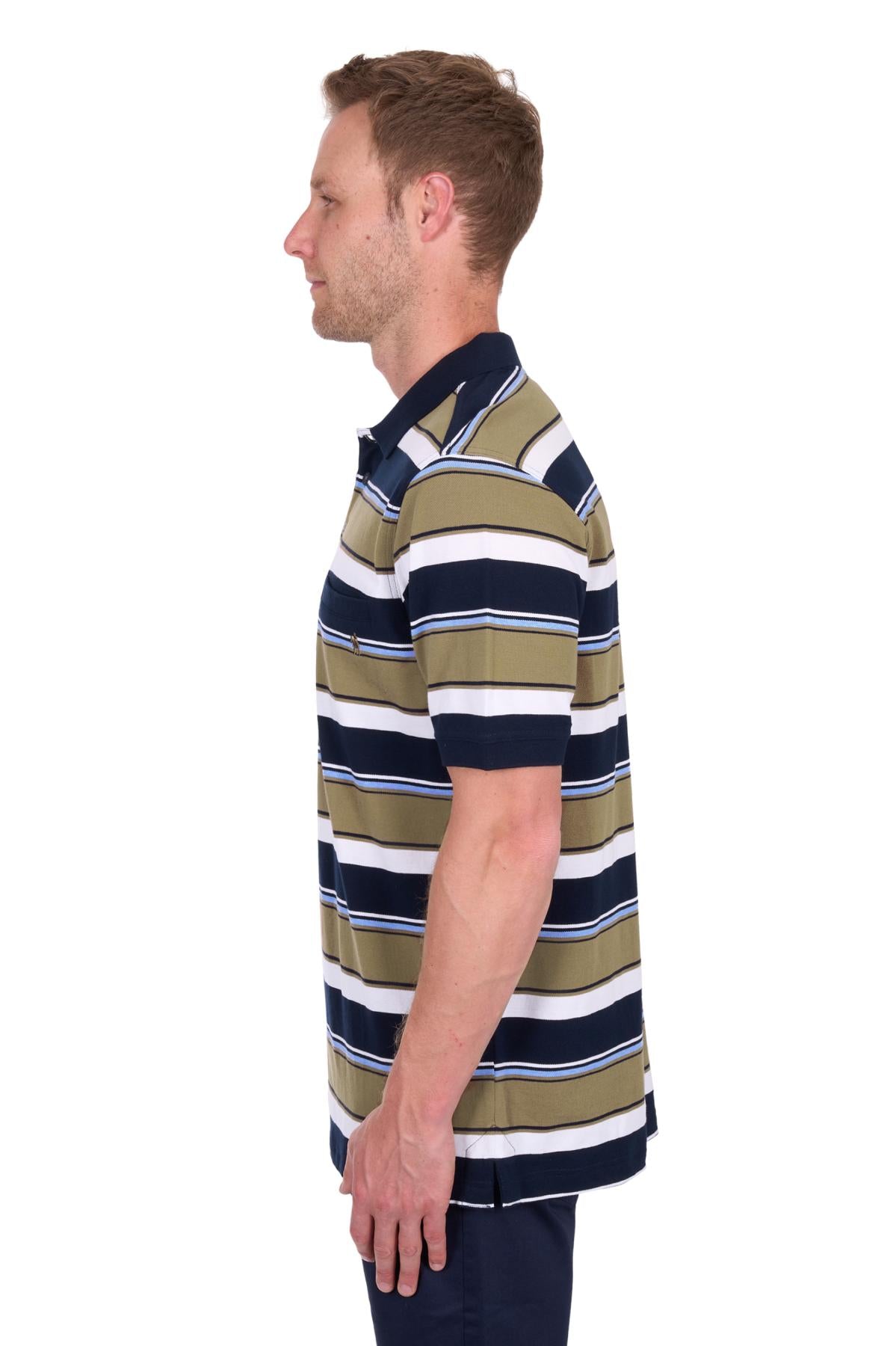 Man wearing a striped polo shirt on a white background