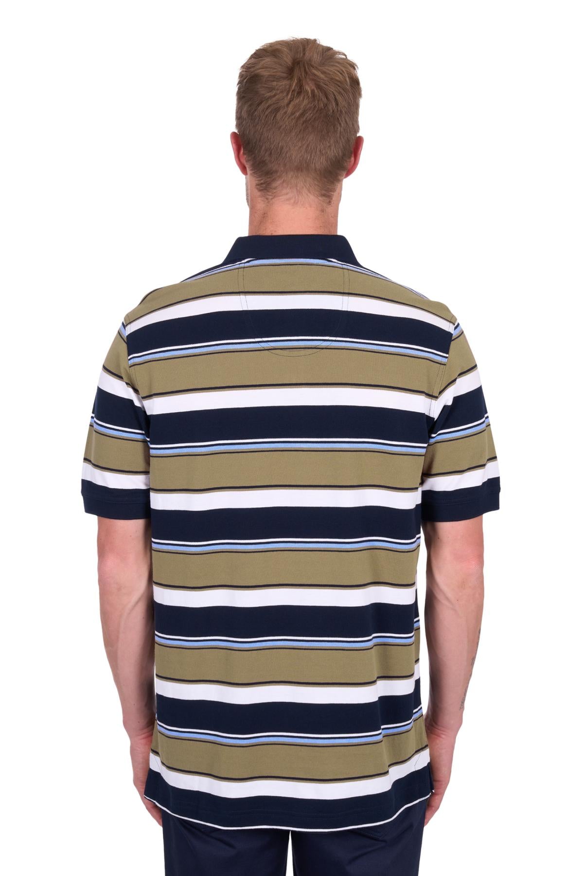 Man wearing a striped polo shirt on a white background