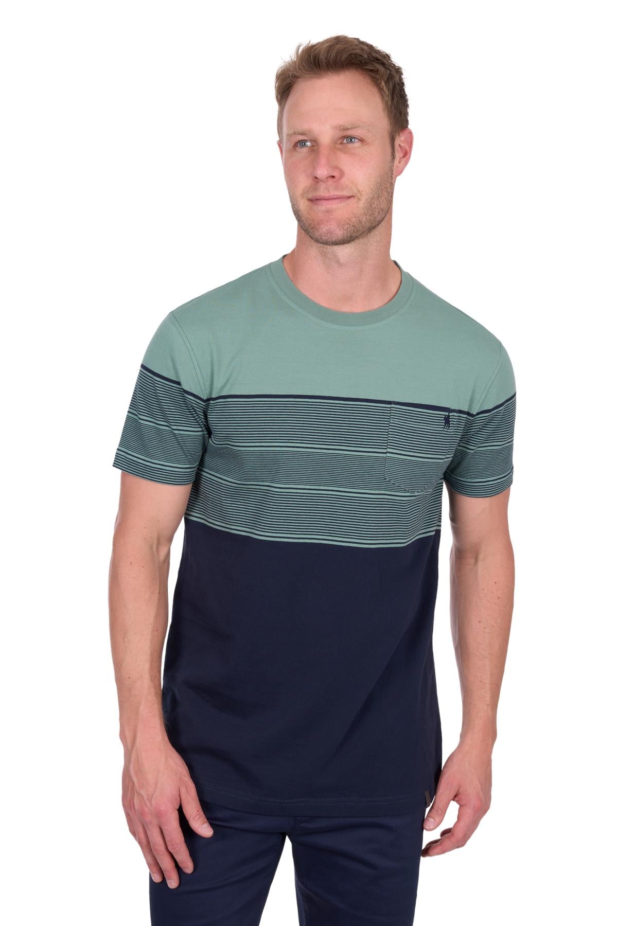 Man wearing a green and navy striped t-shirt on a white background