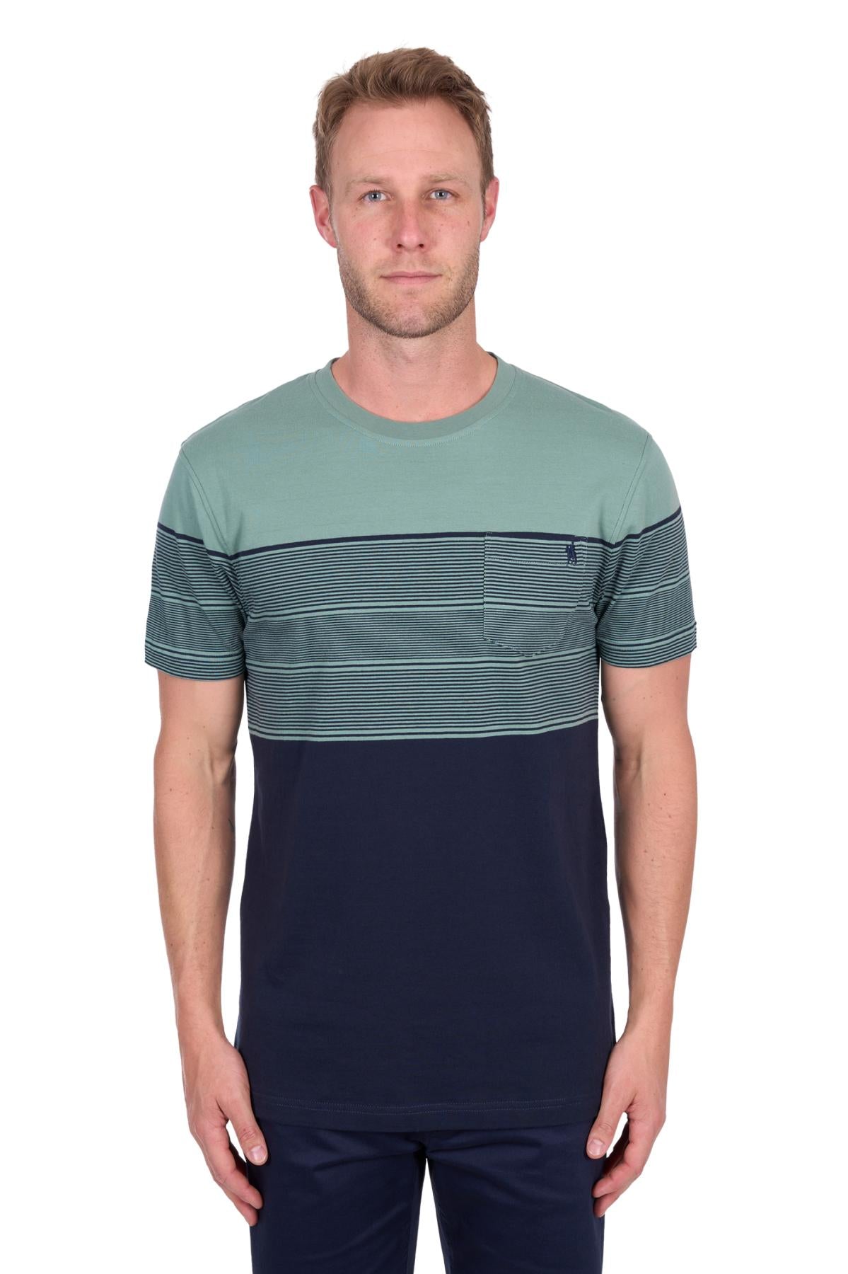 Man wearing a green and navy striped t-shirt on a white background