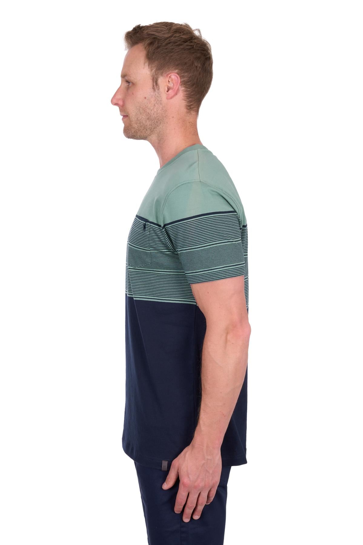 Man wearing a green and navy striped shirt on a white background