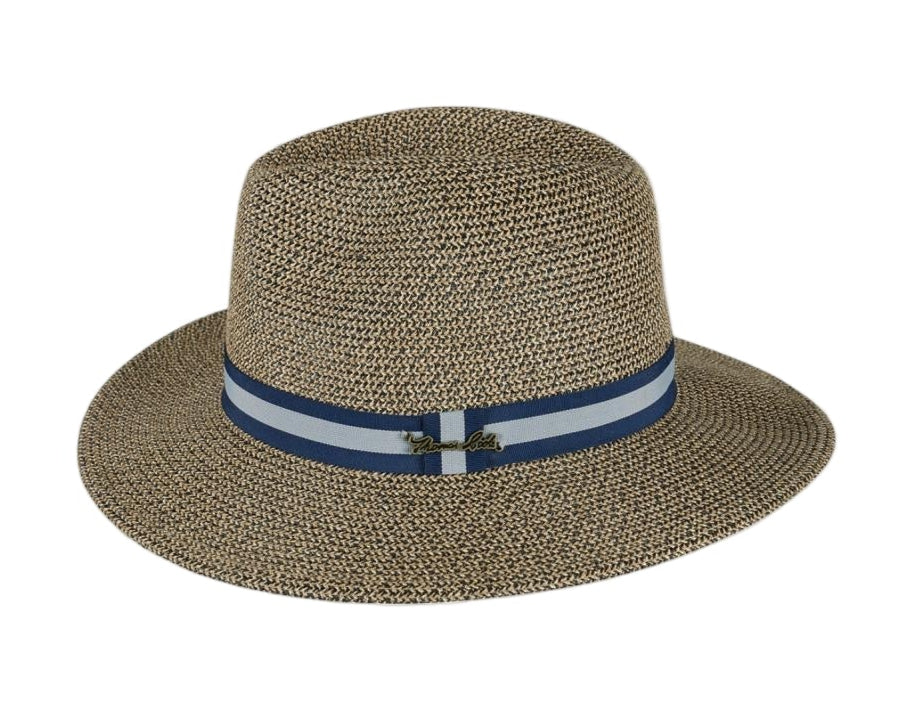 Brown straw hat with a blue and white band on a white background