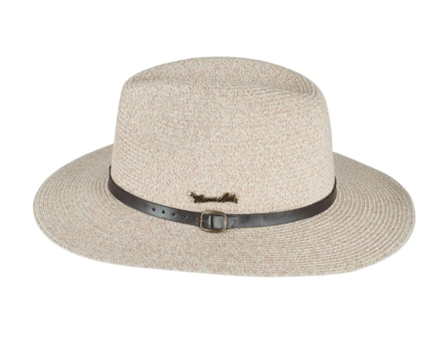 Beige straw hat with a black band on a white background