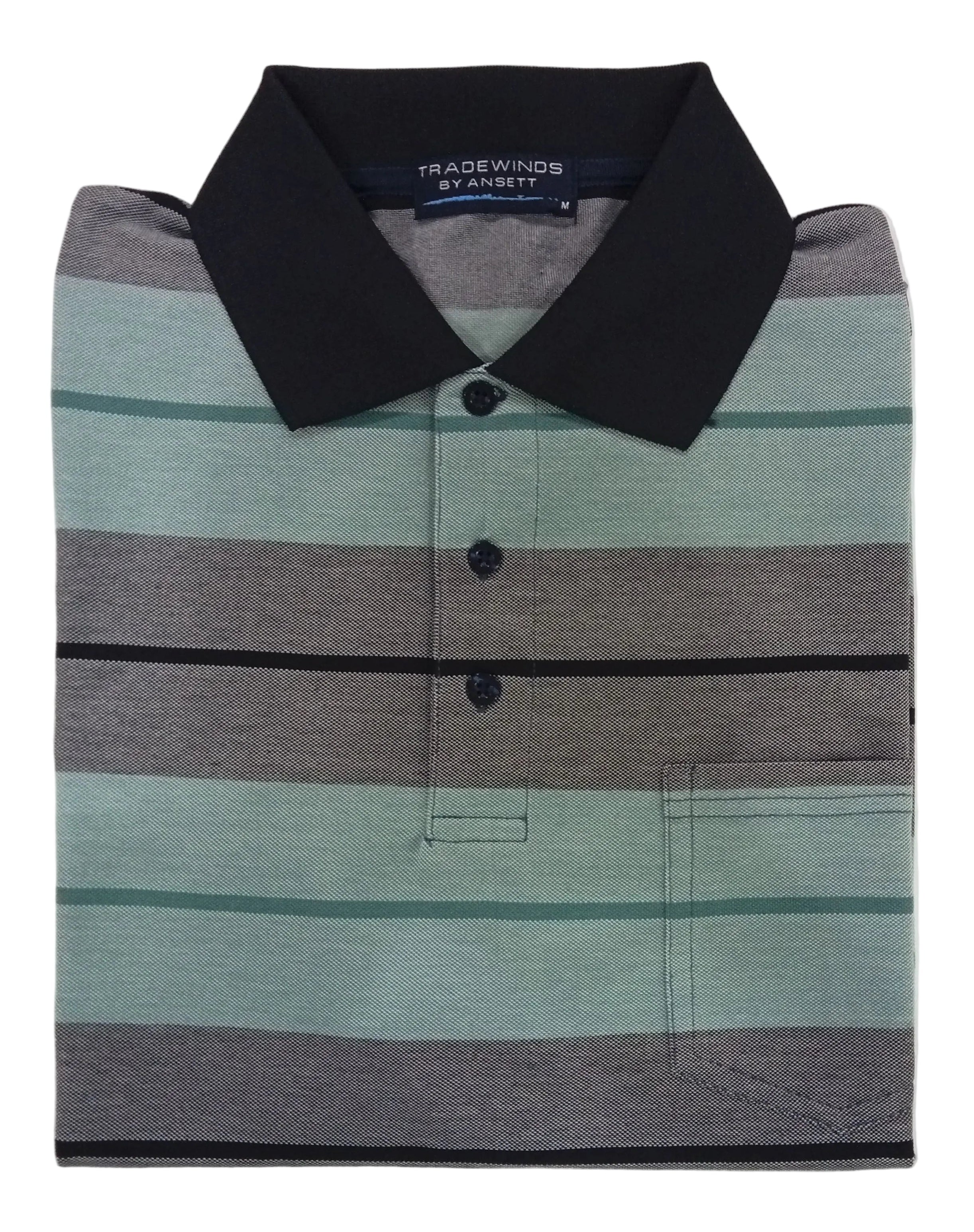 Striped polo shirt with black collar and buttons on a white background