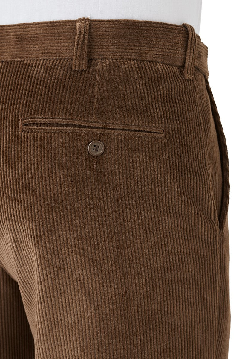 Brown corduroy pants with a button on a white background