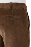 Brown corduroy pants with a button on a white background