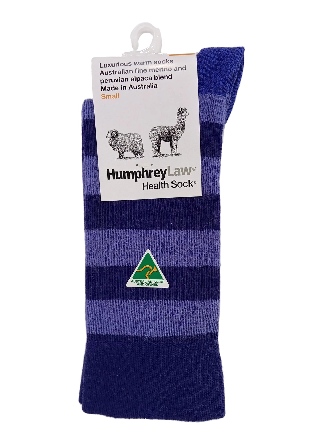 Blue striped sock with Humphrey Law label on a white background