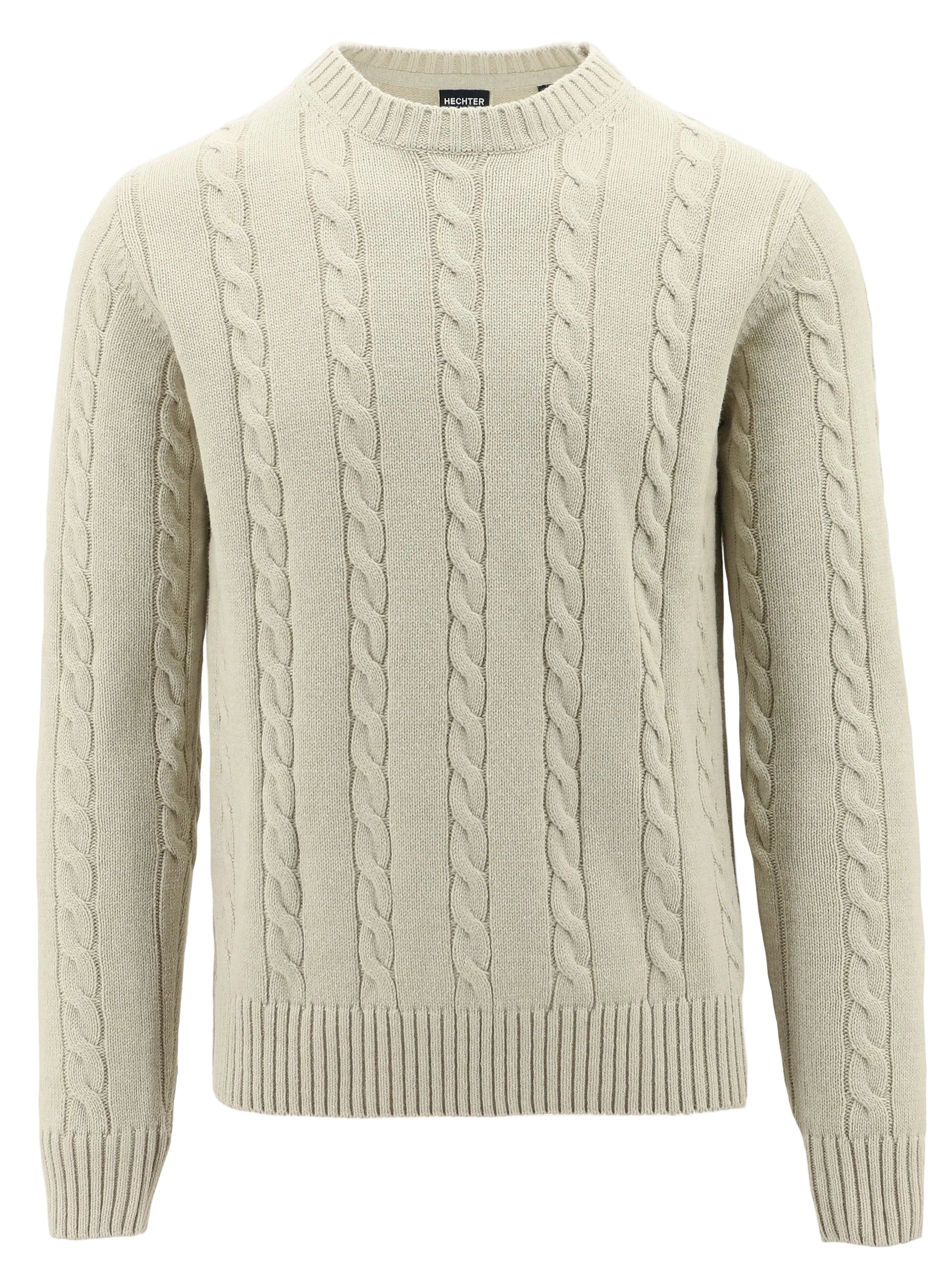 Beige cable knit sweater on a white background