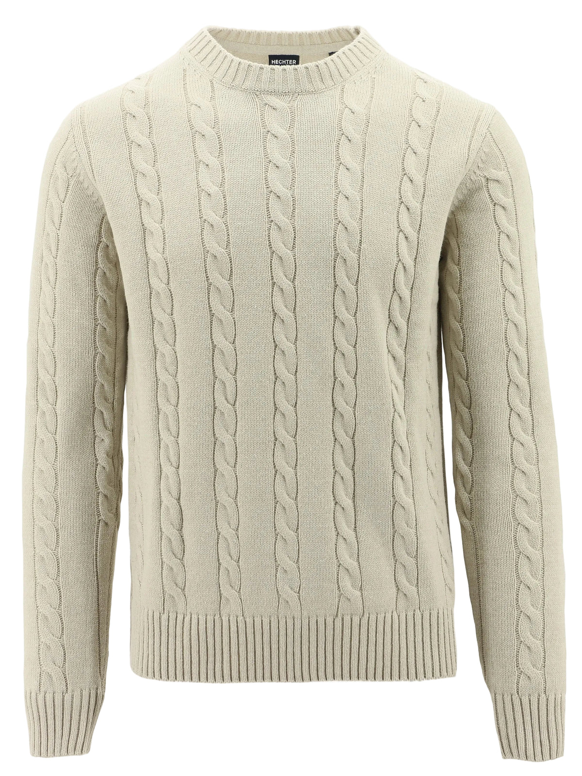 Beige cable knit sweater on a white background