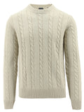 Beige cable knit sweater on a white background