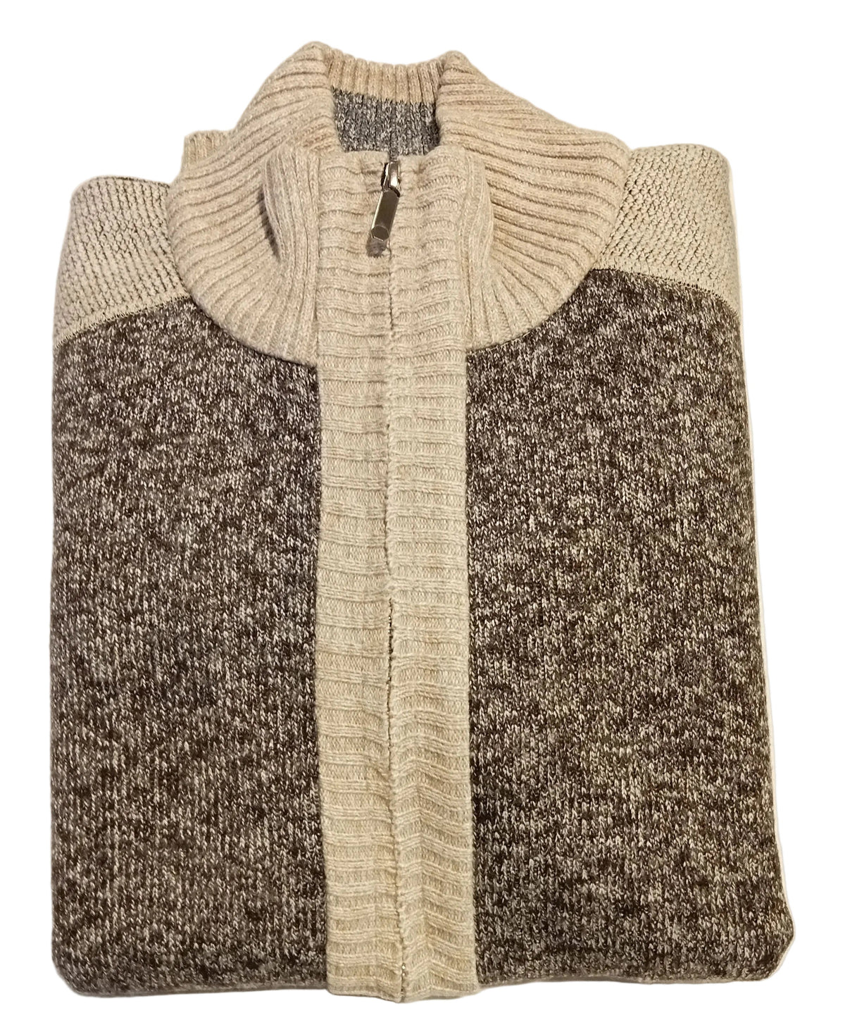 Folded sweater with a color block design on a white surface.