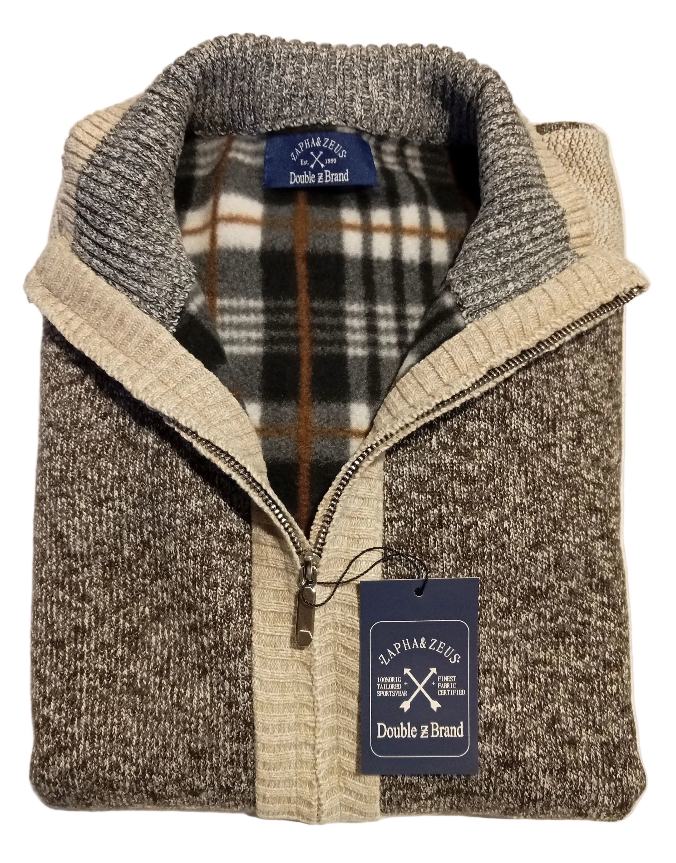 Folded jacket with a brand tag on a white surface
