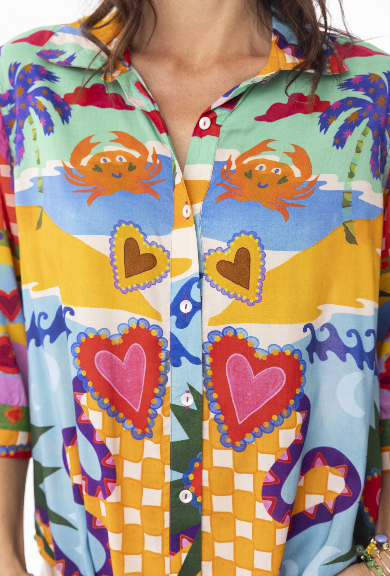 Colorful shirt with heart and crab patterns