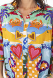 Colorful shirt with heart and crab patterns
